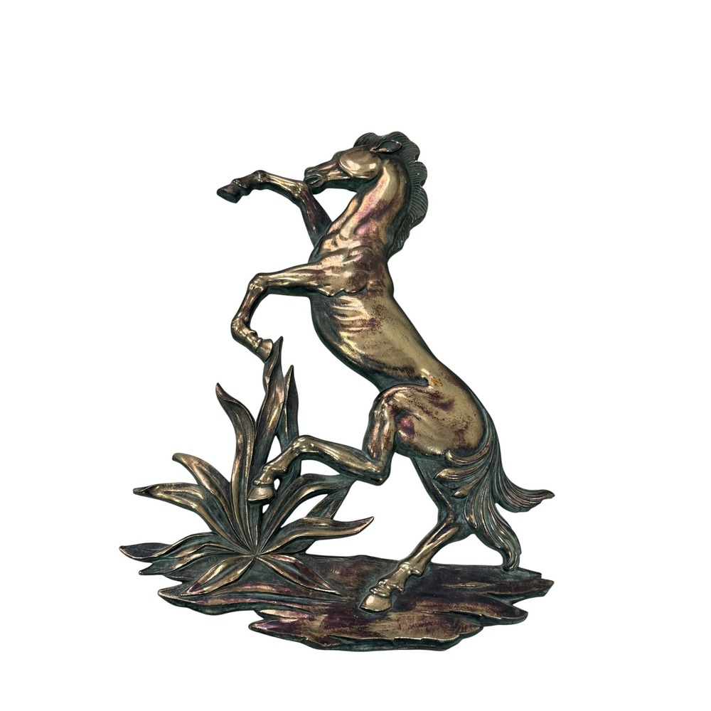 Vintage Syroco Wood Rearing Horse Wall Plaque Bronze Green Boho Western Decor